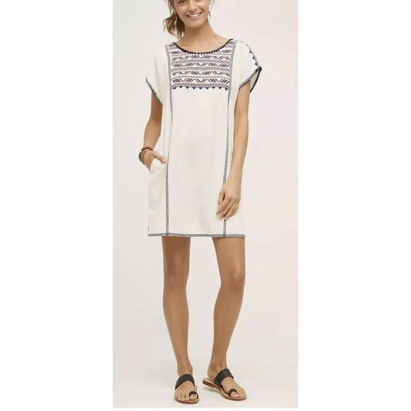 Astr Cream with Aztec Embroidery Cut-out Back Pocketed Linen/Cotton Dress XS - Picture 1 of 14